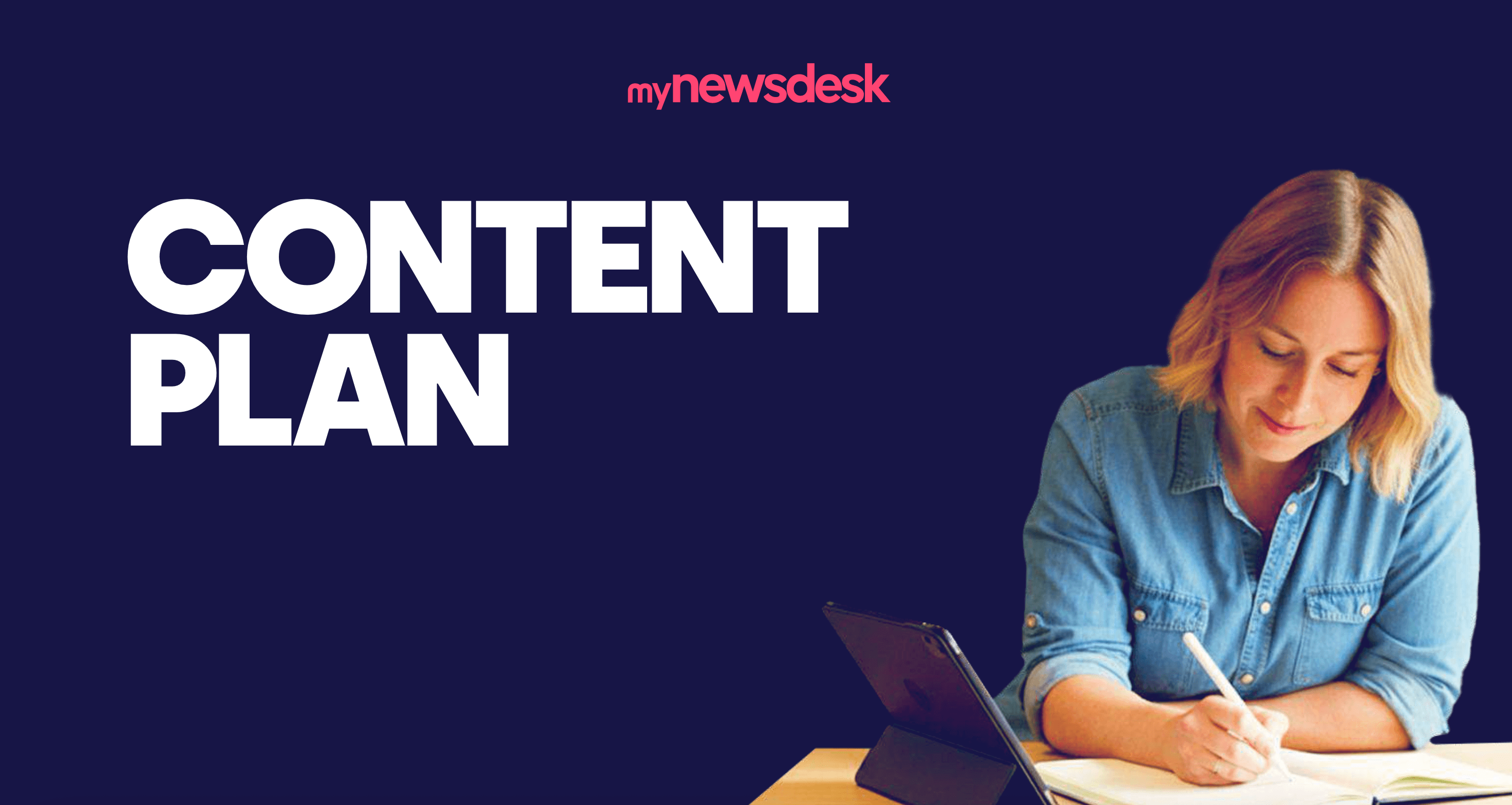 Purple background, white text saying content plan, and a picture of a blond woman working by her desk