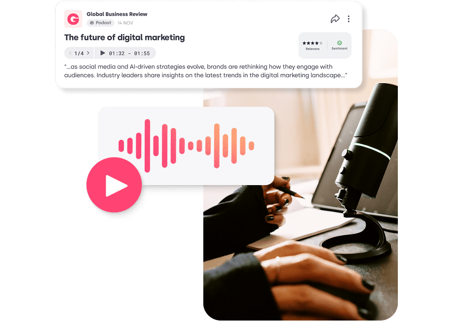 A person is speaking into a microphone during a podcast recording, with a digital audio clip and the podcast “The Future of Digital Marketing” displayed on the screen.